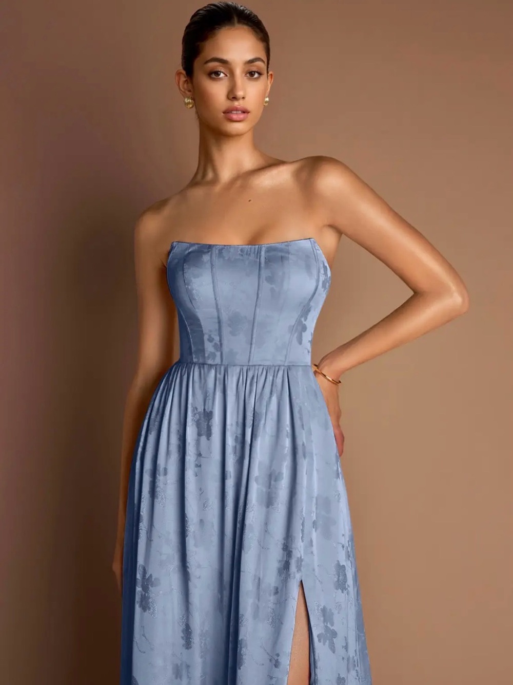 Azazie Strapless Dusty Blue Floral Jacquard Gown